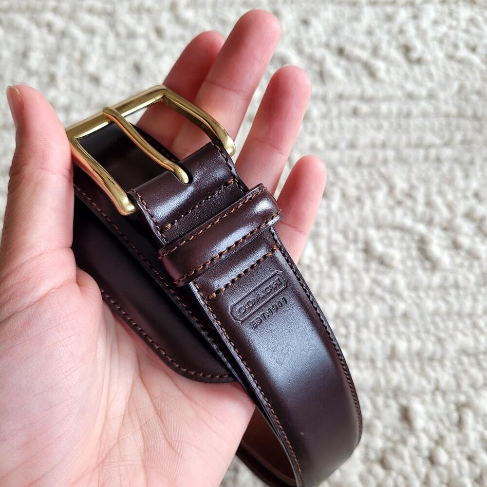 COACH Brown Genuine Calfskin Leather Square Brasss Buckle Belt 5953 G10 Sz 36